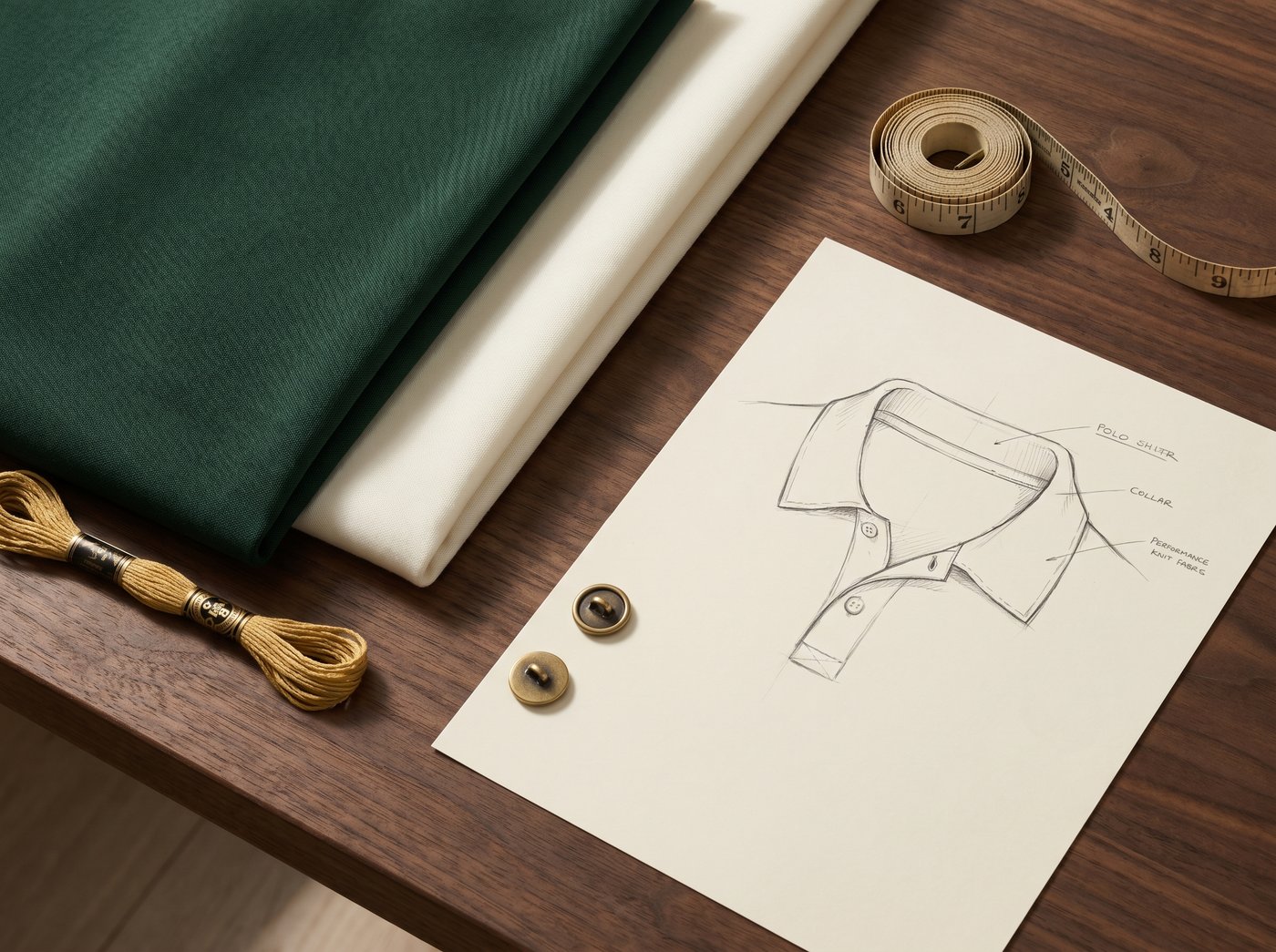 Development flat-lay — forest-green and ivory swatches, gold thread, measuring tape, and a polo sketch