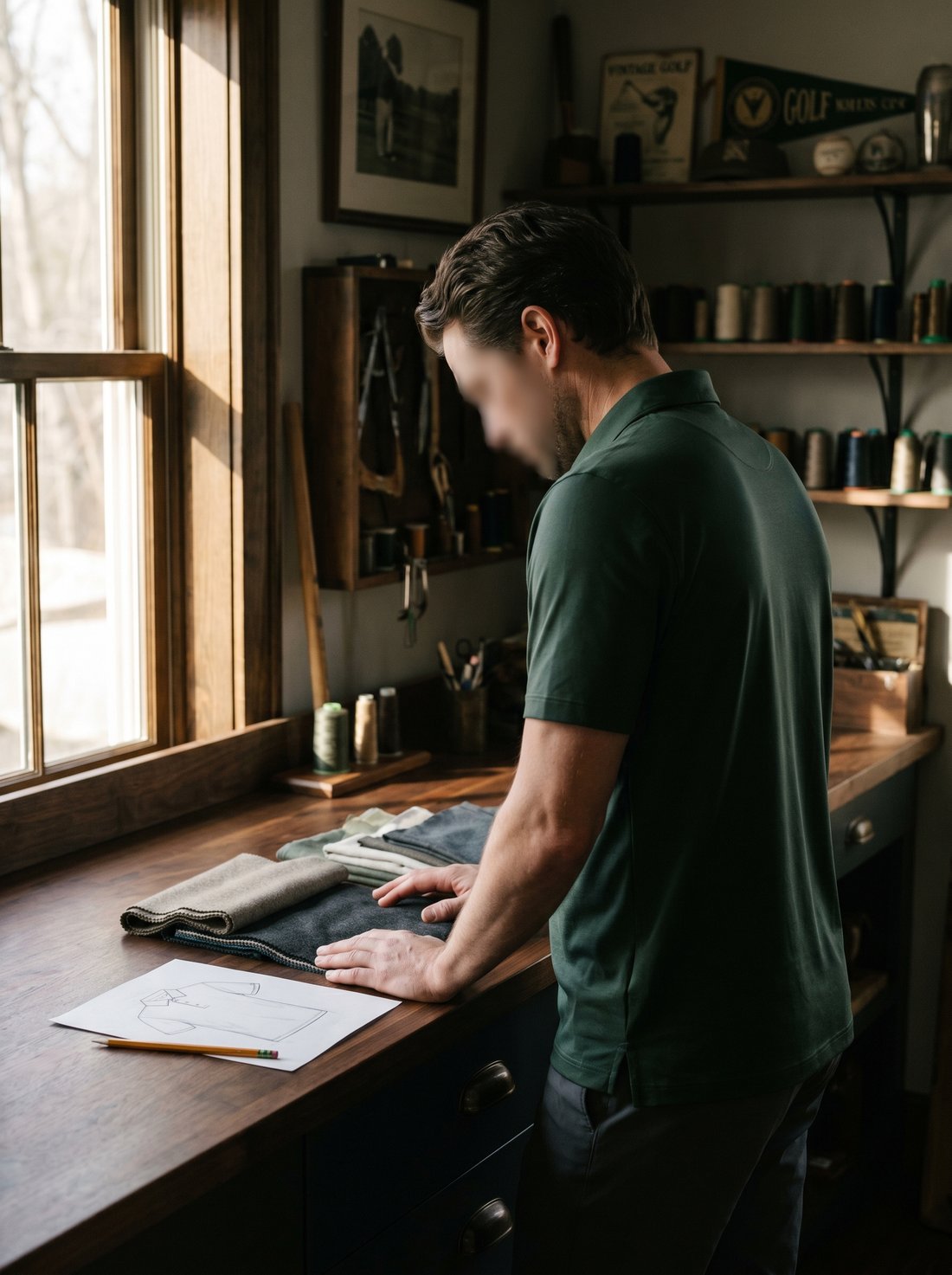 The founder at his workbench in an Elvoro polo, reviewing fabric swatches and a polo sketch by the window