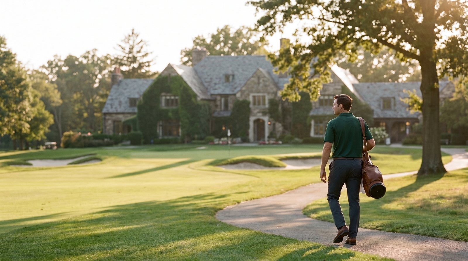 A golfer in the Evergreen Polo walking from the course toward the clubhouse at golden hour