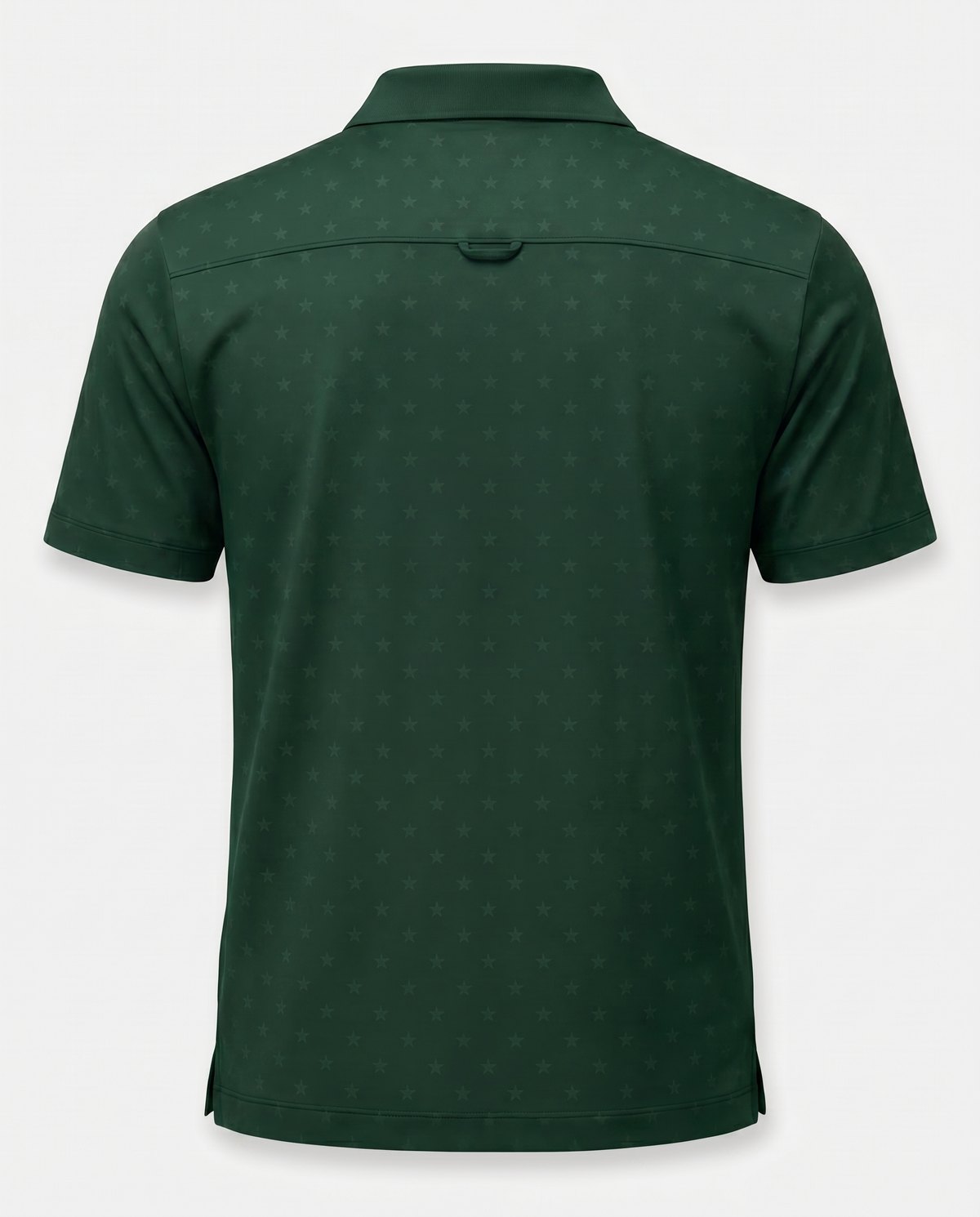 The Evergreen Polo, back — clean forest-green with tonal star pattern, no rear logo
