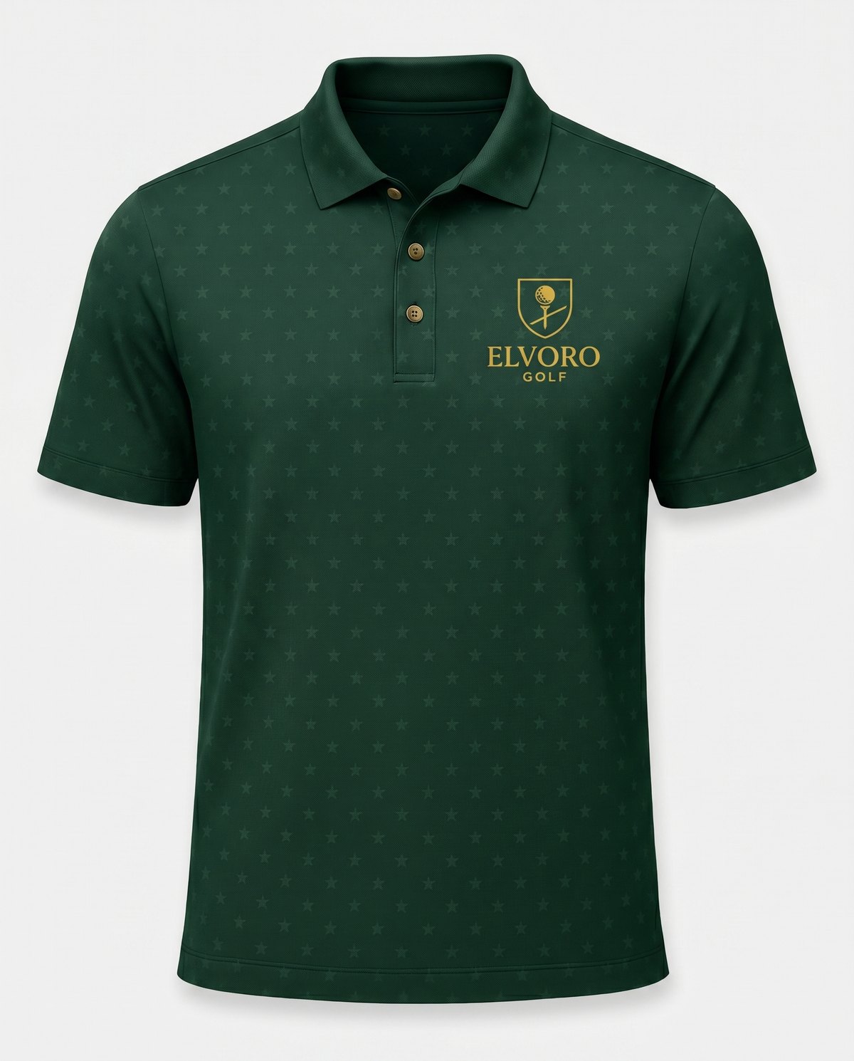 Close detail of the gold embroidered Elvoro crest on forest green fabric
