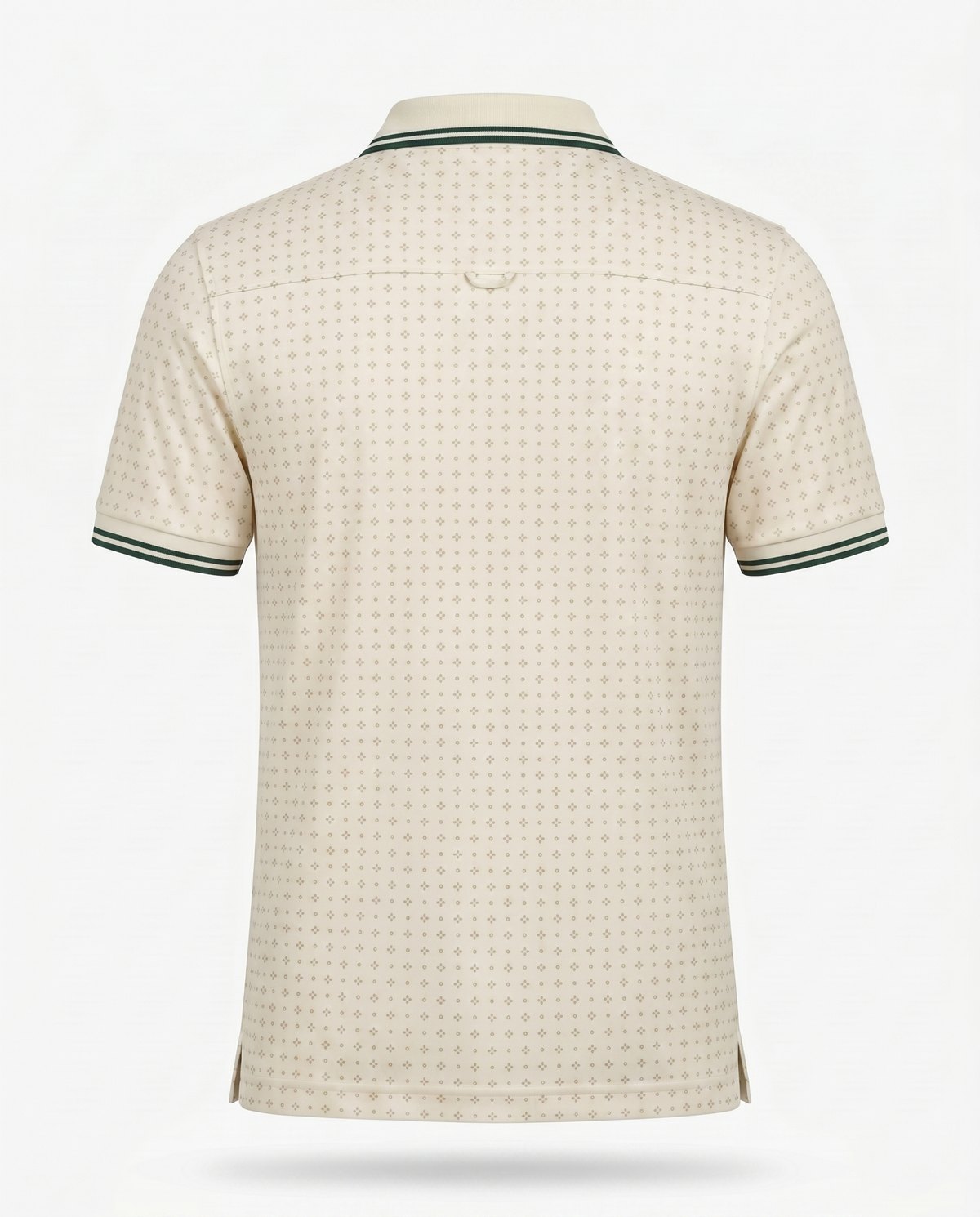 The Meridian Polo, back — cream with forest-green collar and cuff tipping, clean back