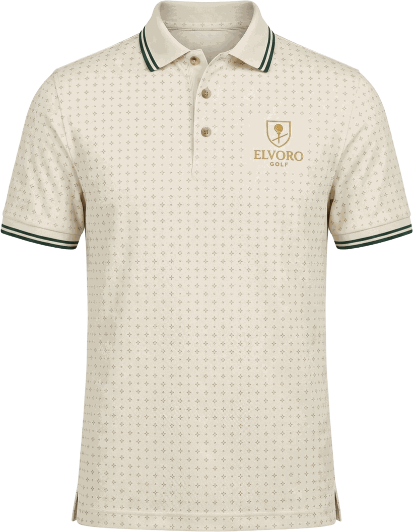 The Meridian Polo — cream pima piqué with forest-green tipping