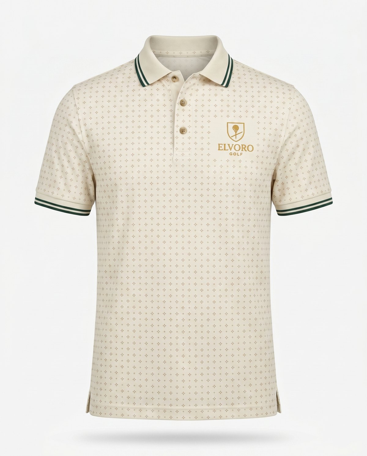 Close detail of the Meridian's forest-green tipped collar and tonal placket